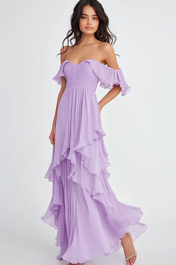 Lilac Ruffled Pleated Off the Shoulder A Line Formal Dress